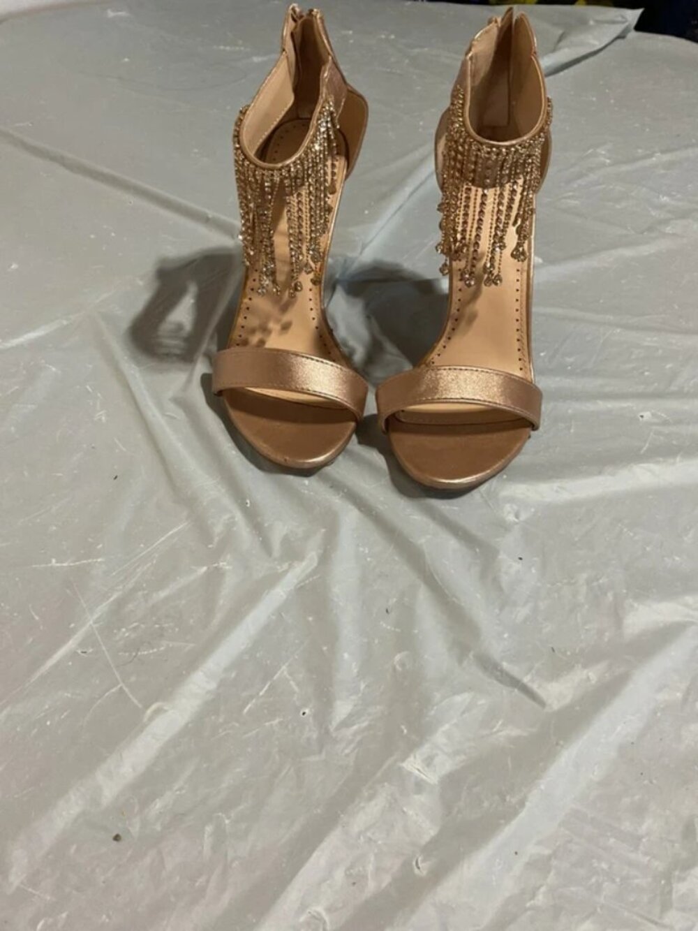 Rose Gold Fringe Ankle-Strap Heels